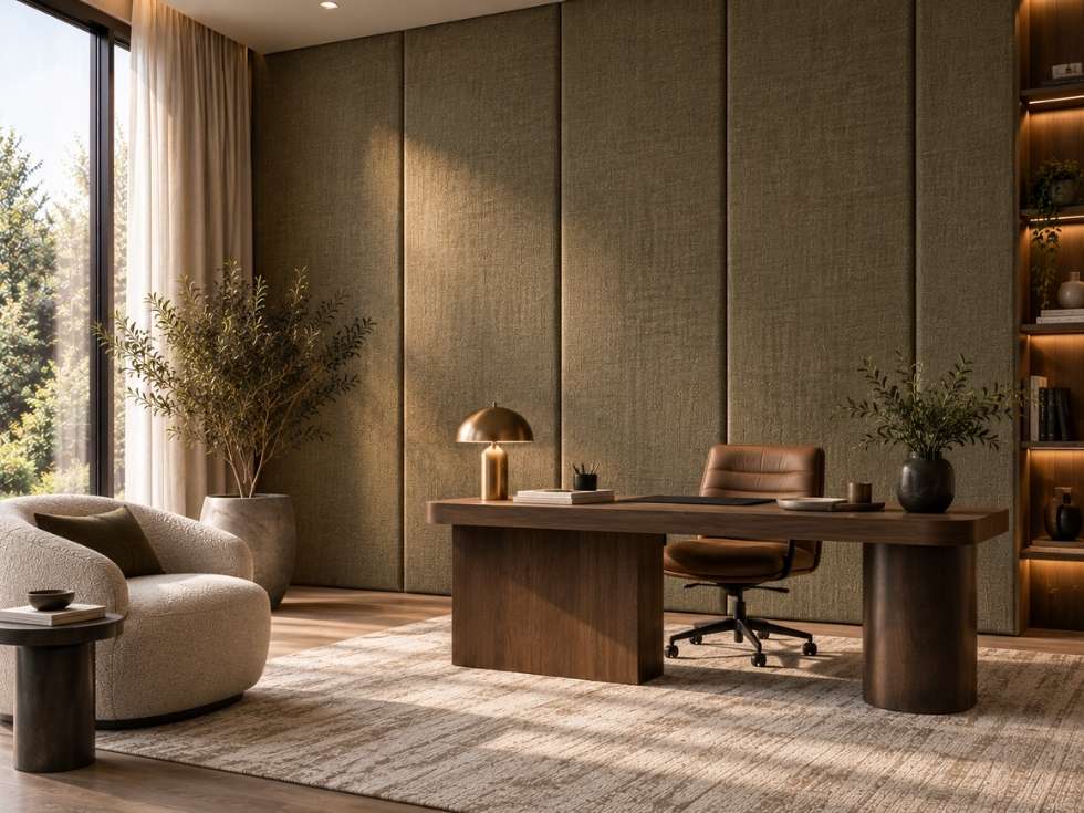 Fabric wall panels absorbing sound in a modern home office - Beautiful Homes