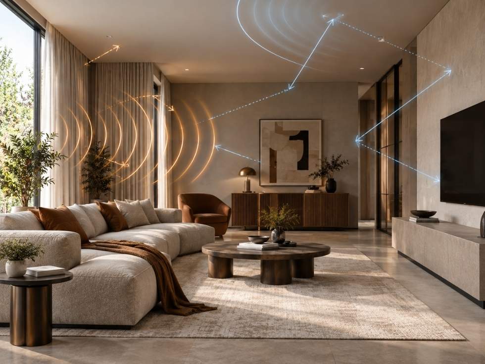 Sound waves reflecting off walls, ceiling and floor inside a living room - Beautiful Homes