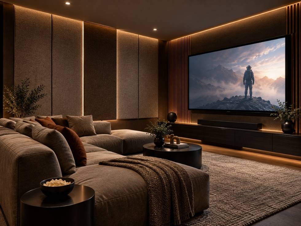 Home theatre with acoustic wall panels for improved sound quality and clarity - Beautiful Homes