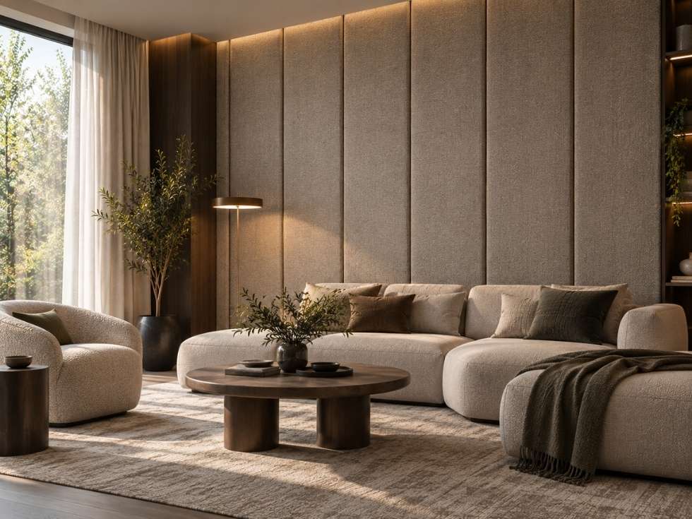 Fabric wall coverings improving acoustic performance in a modern living room - Beautiful Homes