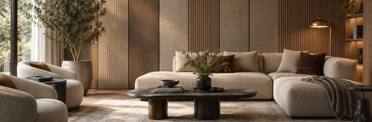 Modern living room with textured wall coverings designed to improve room acoustics - Beautiful Homes
