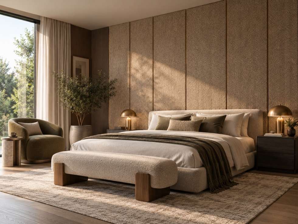 Textured bedroom wall coverings helping reduce echoes and improve acoustic comfort - Beautiful Homes