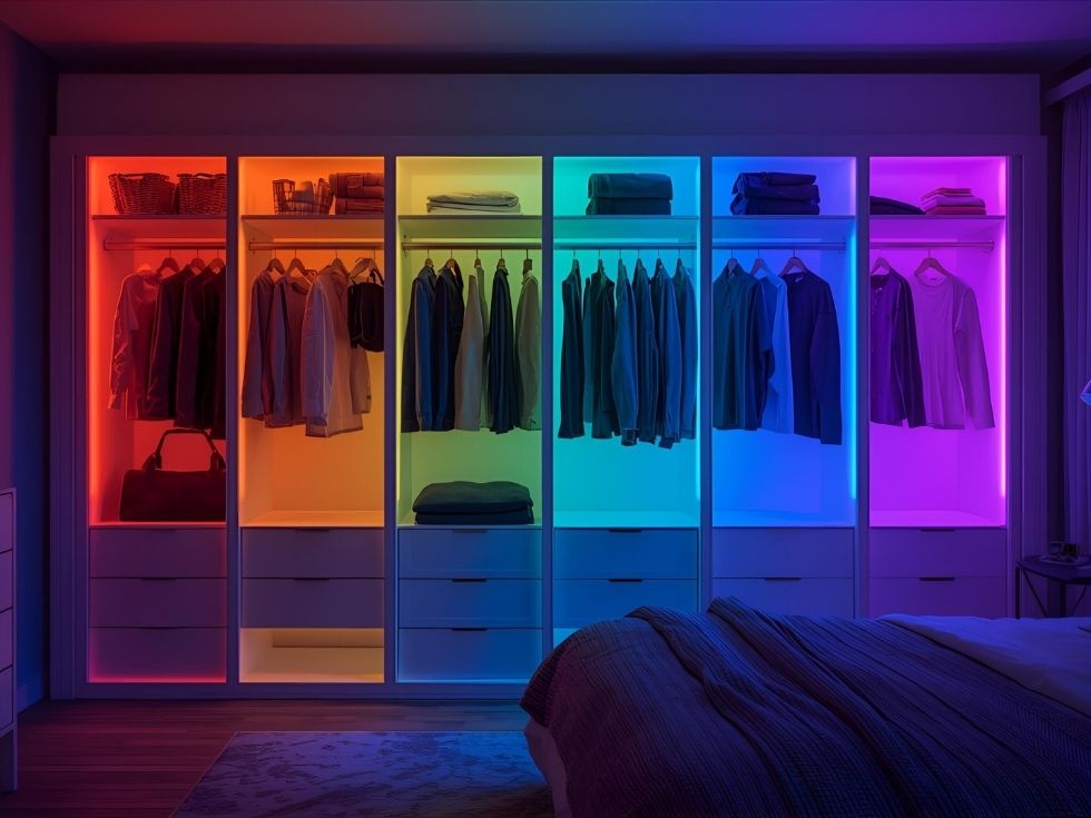 Contemporary wardrobe design with coloured lights - Beautiful Homes