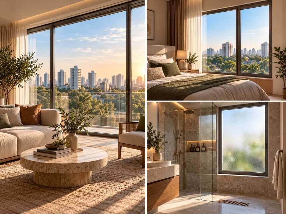 Modern living room, bedroom and bathroom showcasing window glass options suited to different rooms and climates - Beautiful Homes