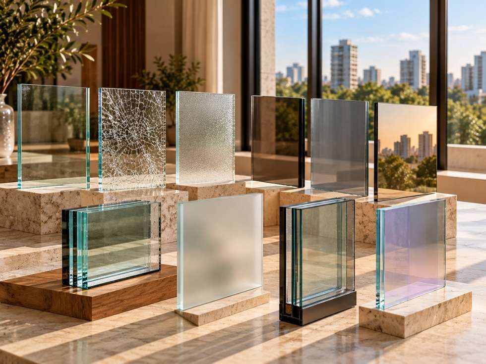 Different window glass types displayed together, showcasing variations in texture, transparency, thickness and glazing - Beautiful Homes