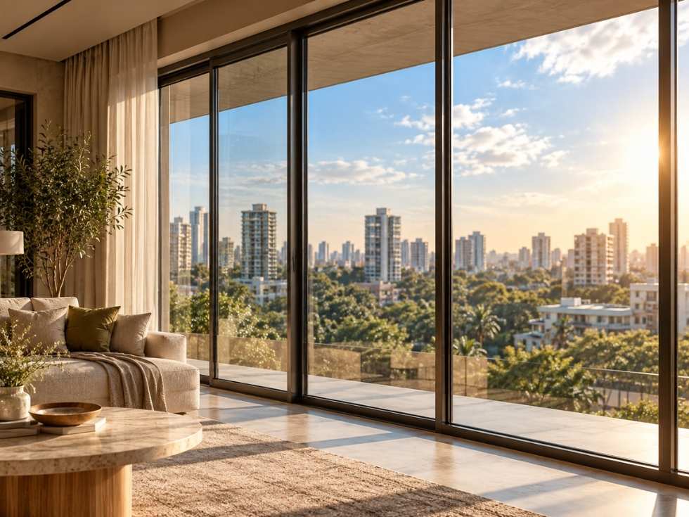 Floor-to-ceiling glass windows in a modern living room overlooking a city skyline at sunset - Beautiful Homes