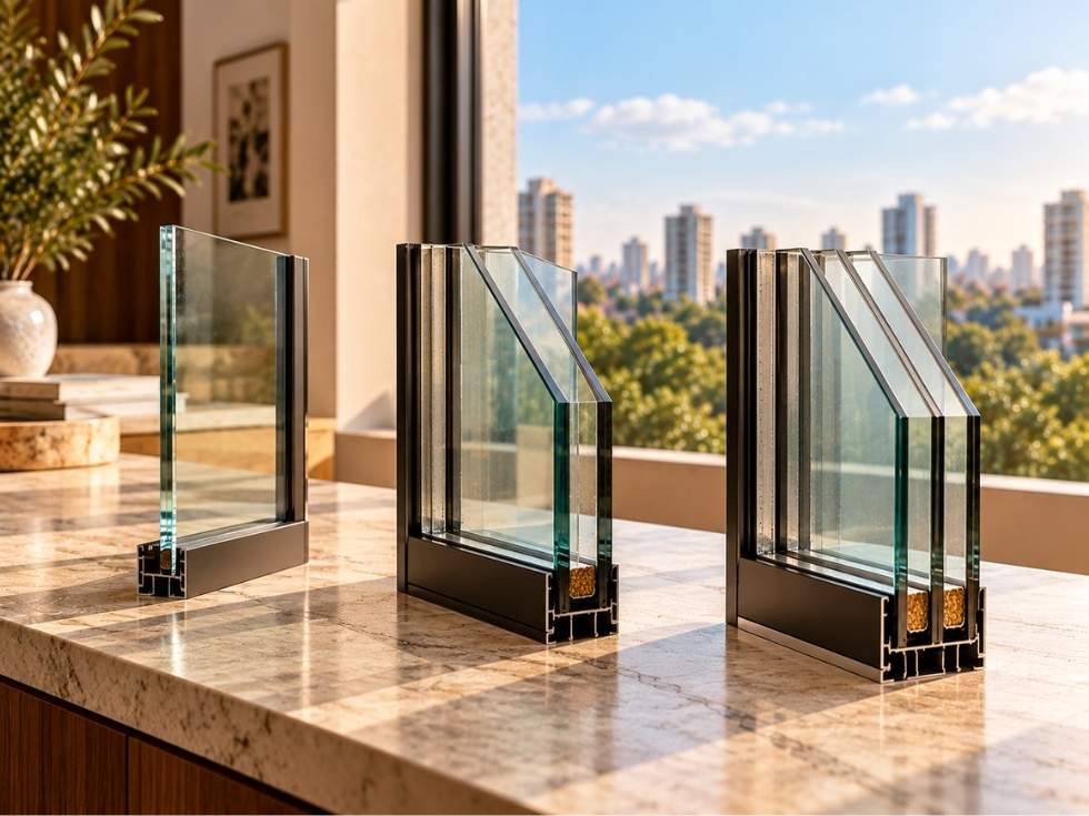 Cross sections of single, double and triple glazed window units showing multiple glass panes and insulating air gaps - Beautiful Homes