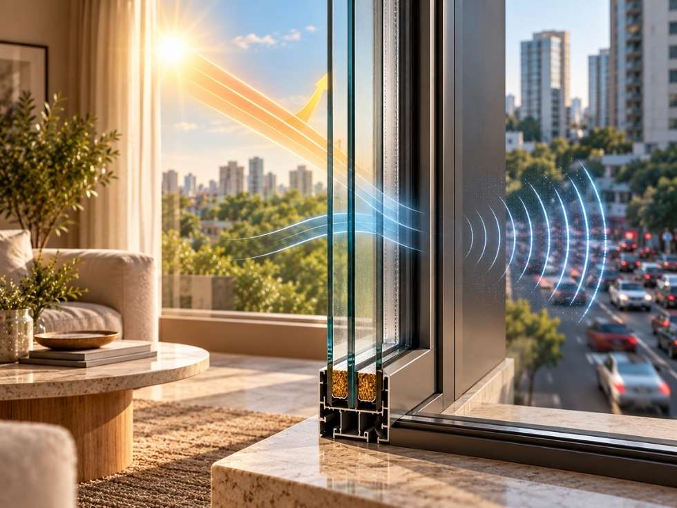 Double glazed window illustrating heat transfer, solar radiation and noise reduction in a modern residential setting - Beautiful Homes