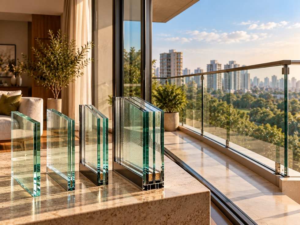 Glass samples of varying thicknesses displayed beside a modern balcony with glass railings - Beautiful Homes