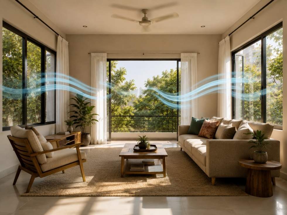Living room with open windows promoting natural cross-ventilation - Beautiful Homes