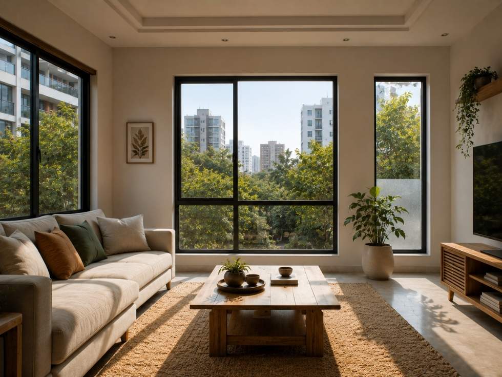 Living room with multiple windows illustrating how orientation and placement influence daylight and home comfort - Beautiful Homes