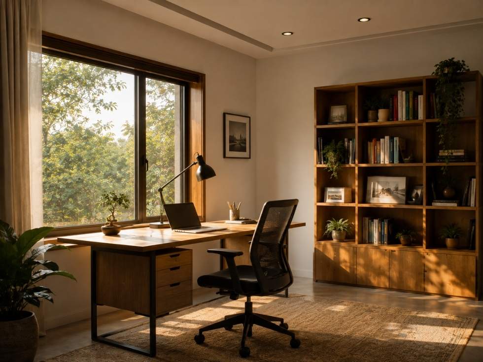 Home office with a large window providing natural daylight - Beautiful Homes