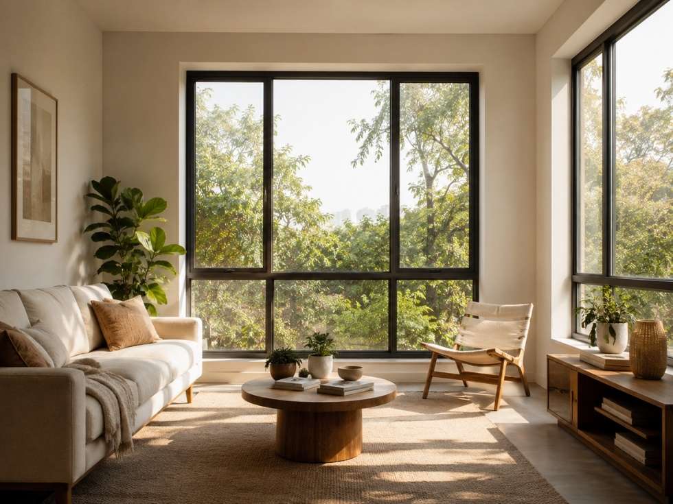 Modern living room with large windows letting in abundant natural daylight - Beautiful Homes