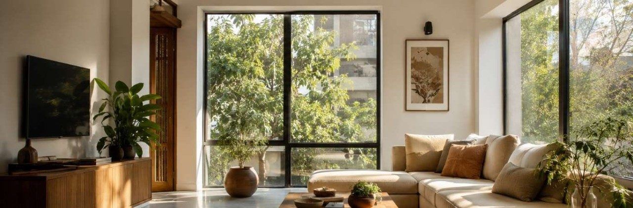 Bright modern living room with large floor-to-ceiling windows that maximise natural daylight, outdoor views, and ventilation - Beautiful Homes