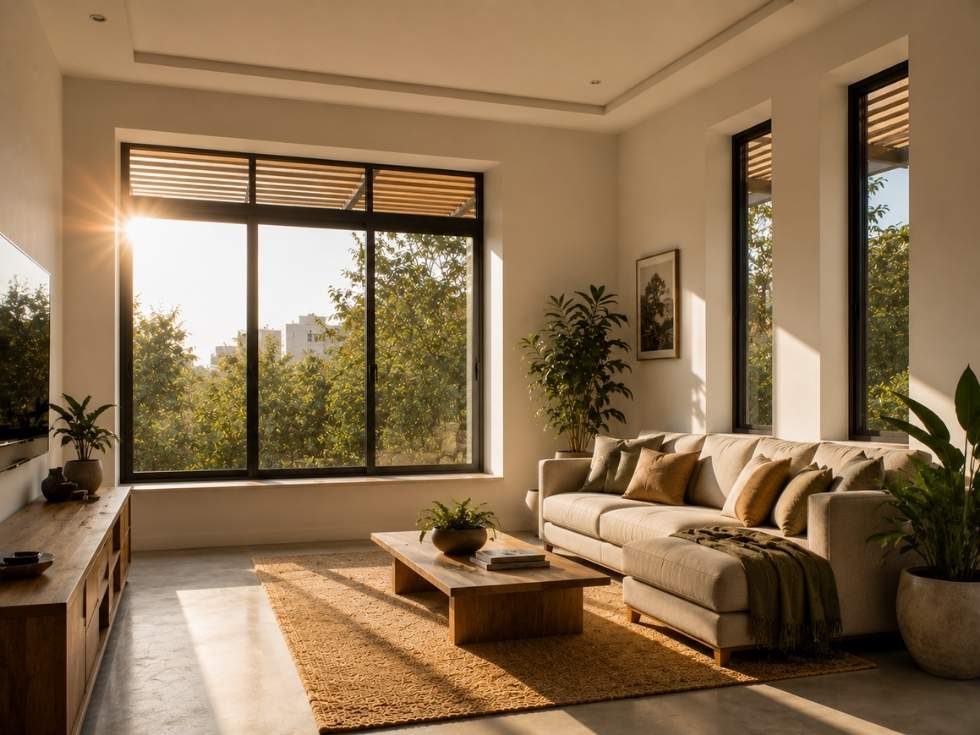 Modern living room with shaded windows that reduce heat gain and glare while maintaining natural daylight - Beautiful Homes