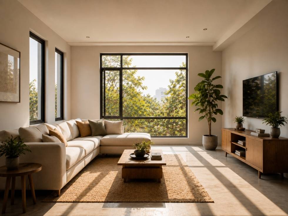 Living room showing how large windows improve natural daylight across the space - Beautiful Homes