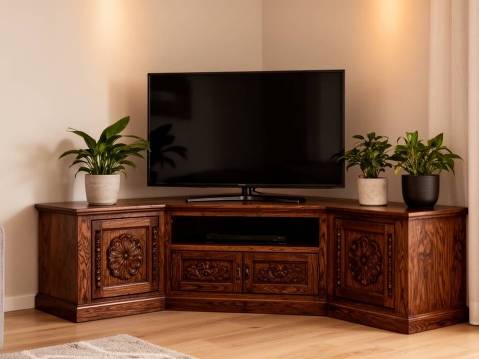 Contemporary corner wooden TV unit design - Beautiful Homes