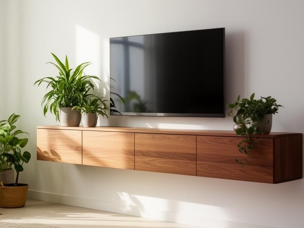 Contemporary floating wooden TV unit design - Beautiful Homes