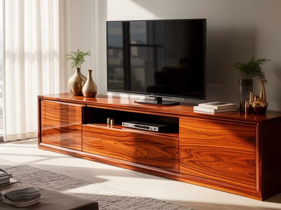 Contemporary classic wooden TV unit design in glossy finish- Beautiful Homes