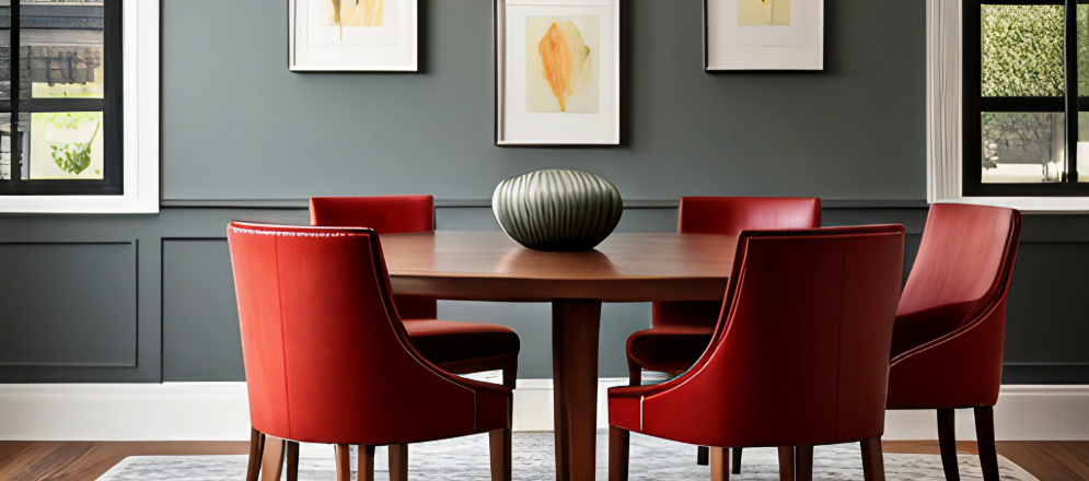 Brown oval dining table with red seats - Beautiful Homes
