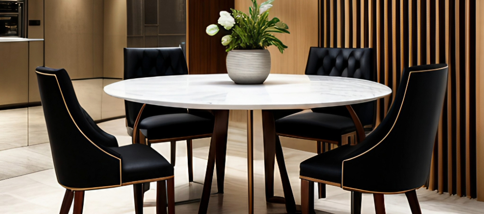 Beautiful white round dining table with black seats - Beautiful Homes