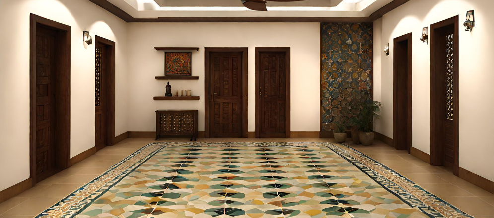 Athangudi tile flooring for pooja room - Beautiful Homes