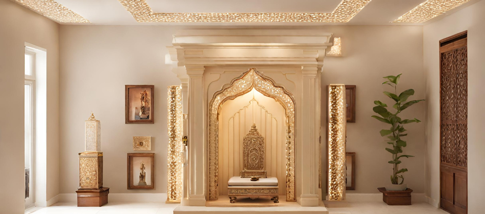 Cream beige pooja room design - Beautiful Homes
