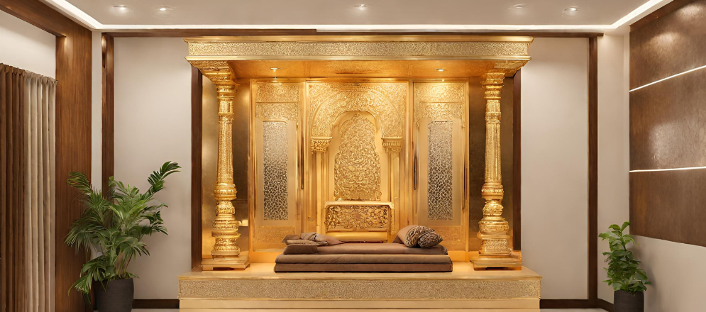 Gold colour pooja room design - Beautiful Homes