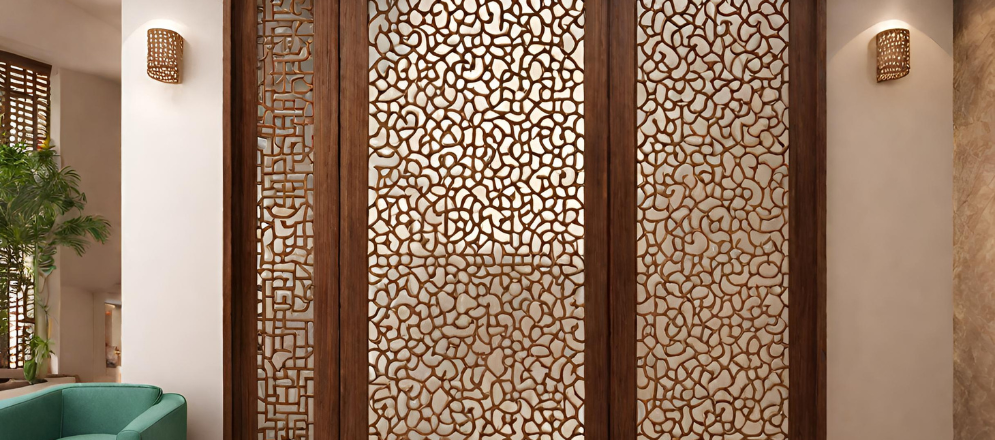 Jaali patterned partition for pooja room - Beautiful Homes