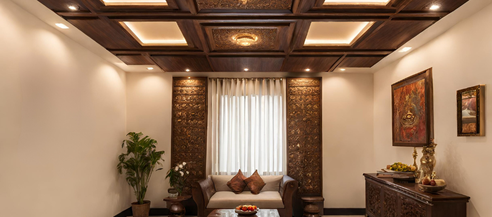 Wood ceiling with lights for pooja room - Beautiful Homes