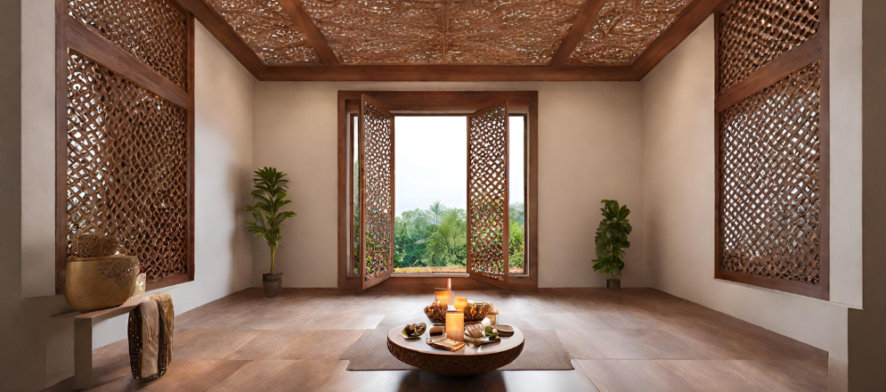 Wood and jaali panel roof for pooja room - Beautiful Homes