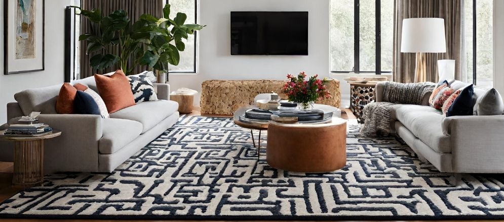 Living area design with statement rugs - Beautiful Homes