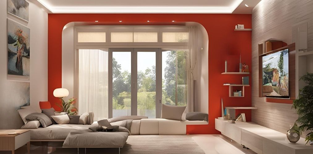 Arched pelmet design in red with POP - Beautiful Homes