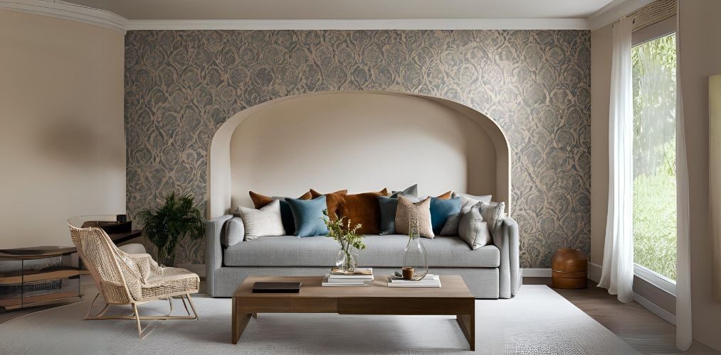 Arched wall niche with wallpaper in minimalistic living room - Beautiful Homes