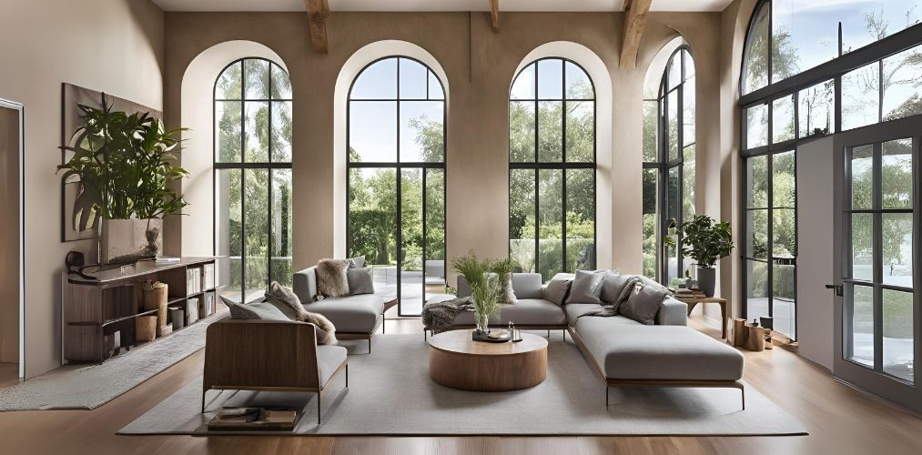 Arched window design for a double height living room - Beautiful Homes