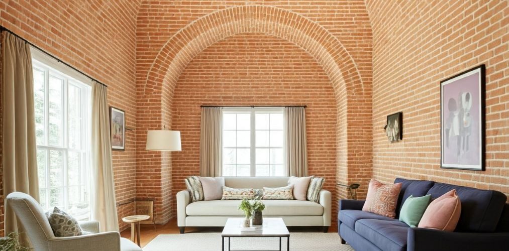 Brick arched wall for a double height living room - Beautiful Homes