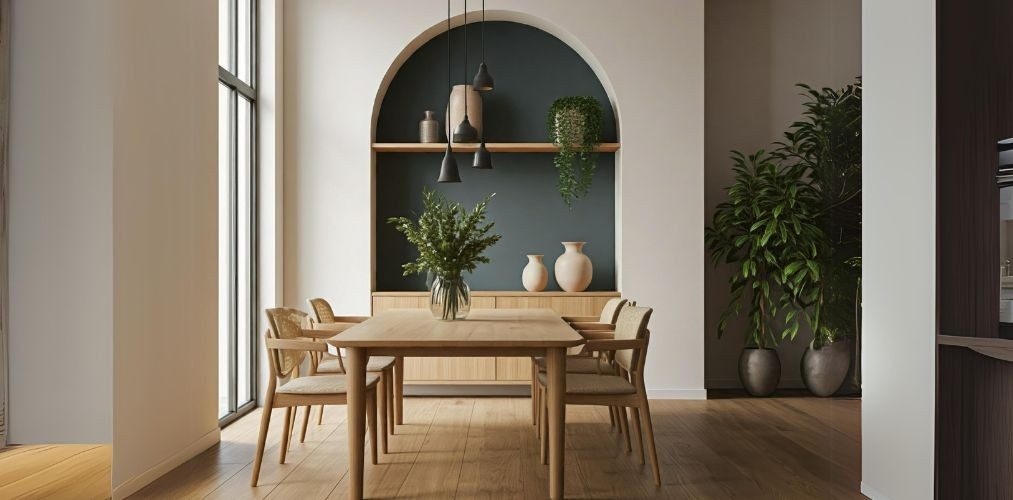 Contemporary dining room with arched niche for display - Beautiful Homes