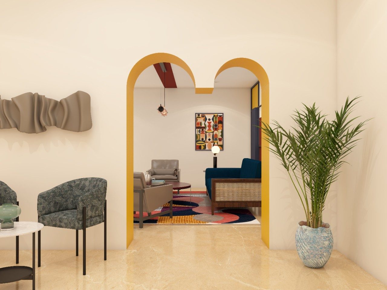 Double arched doorway with yellow accents between living and dining room - Beautiful Homes