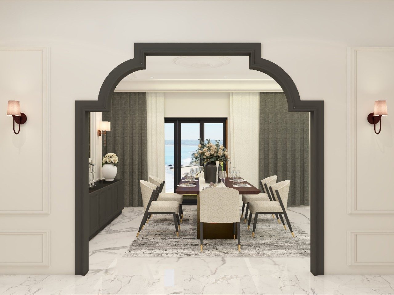 Elegant grey arch opening for dining room - Beautiful Homes