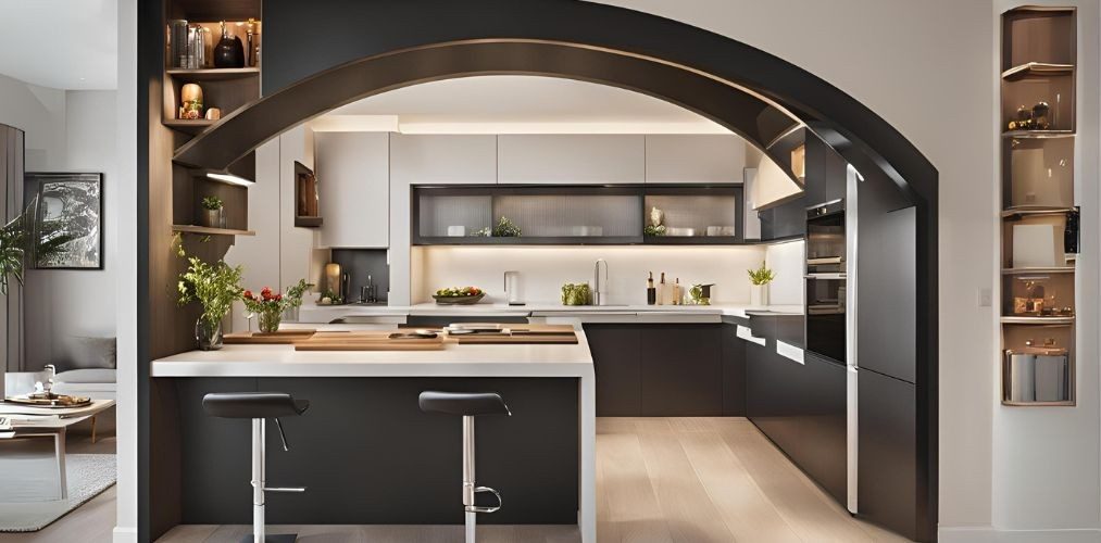 Kitchen entryway with arch design in black - Beautiful Homes