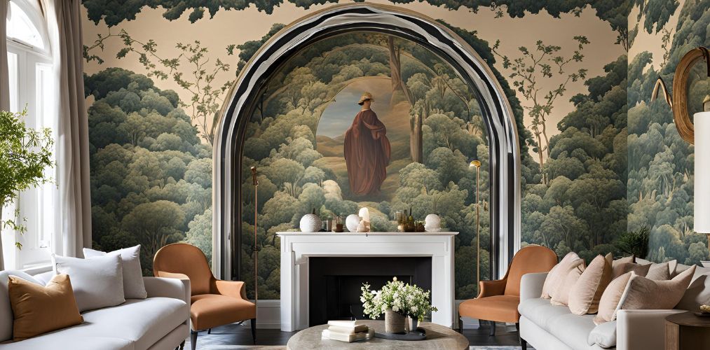 Living room with arch shaped wall panel with tropical wallpaper - Beautiful Homes