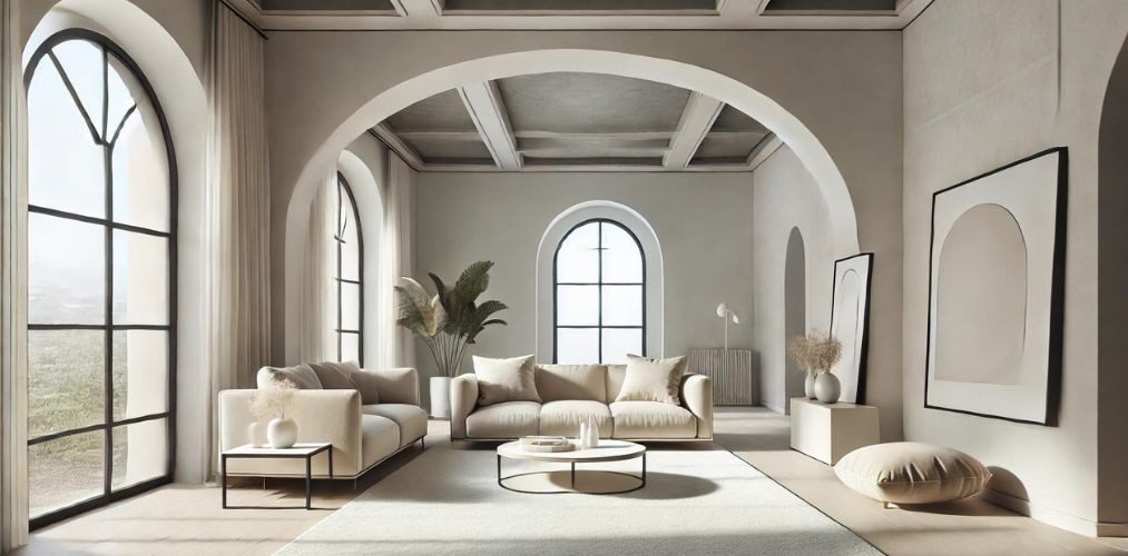 Minimalistic living room with POP arches - Beautiful Homes