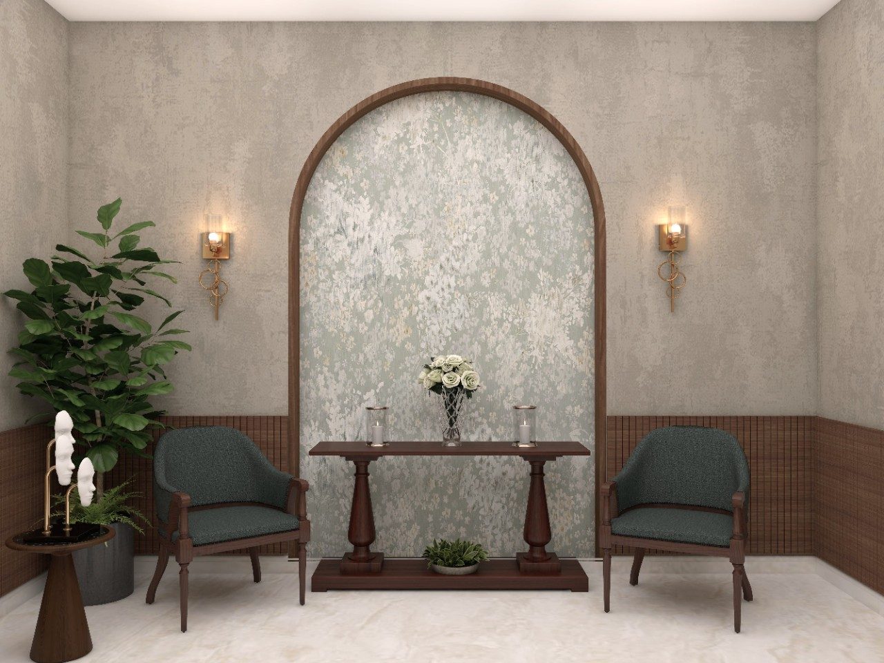 Modern Indian wooden arch with Sabyasachi wallpaper - Beautiful Homes