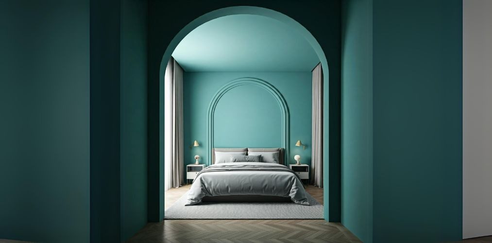 POP arch design with teal painted walls in bedroom - Beautiful Homes