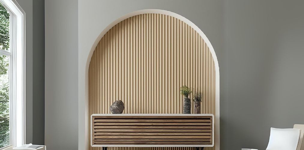 Simple arch design in POP for TV unit wall - Beautiful Homes