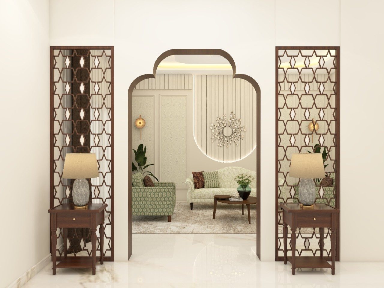 Traditional curved arch design with geometric jali partition - Beautiful Homes