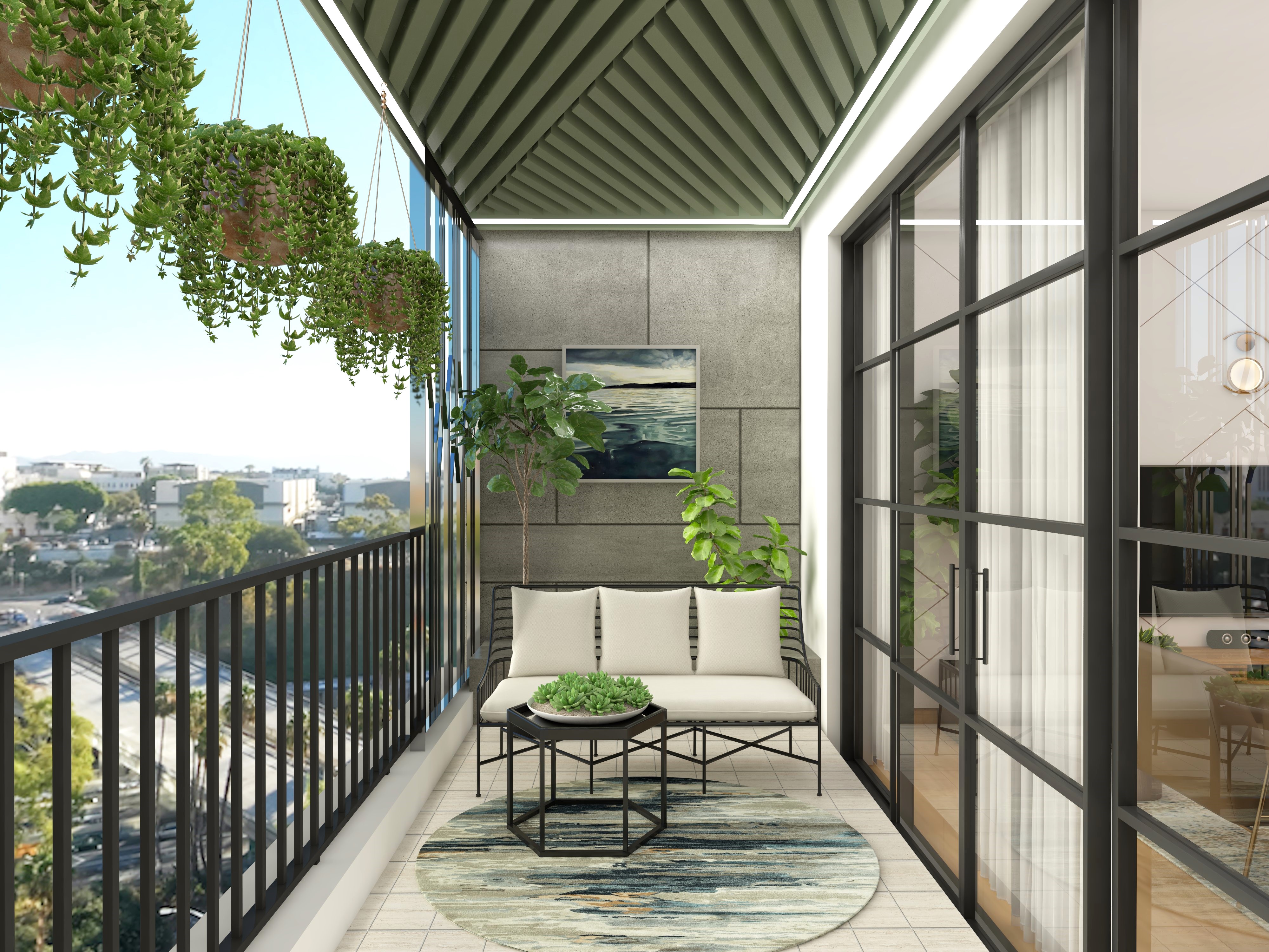 Balcony design with hanging planters and grey wall tiles - Beautiful Homes