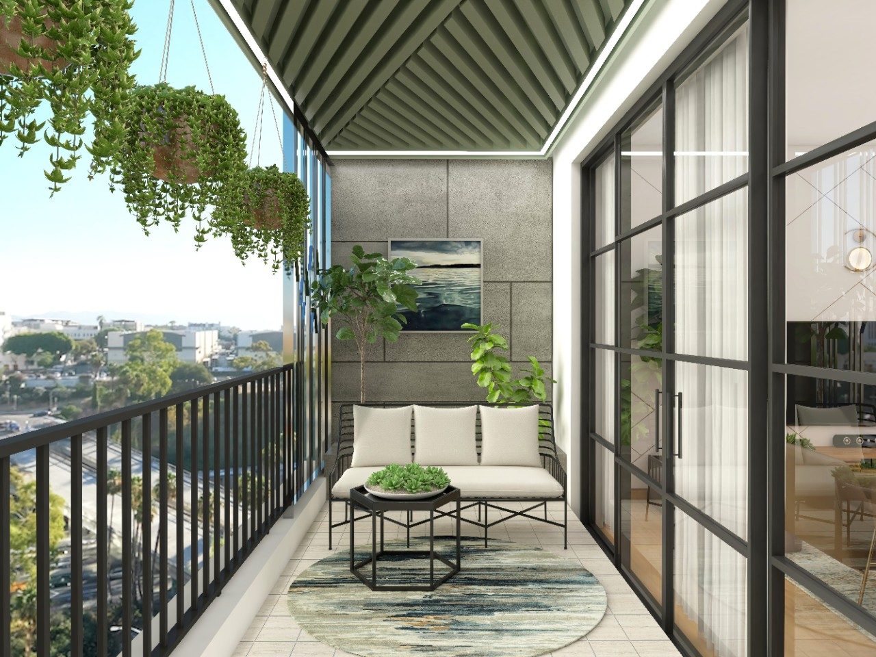 Balcony Design with Hanging Planters and Grey Wall Tiles