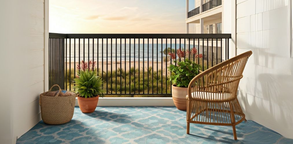 Balcony with ocean view, wicker chair, and potted plants - Beautiful Homes
