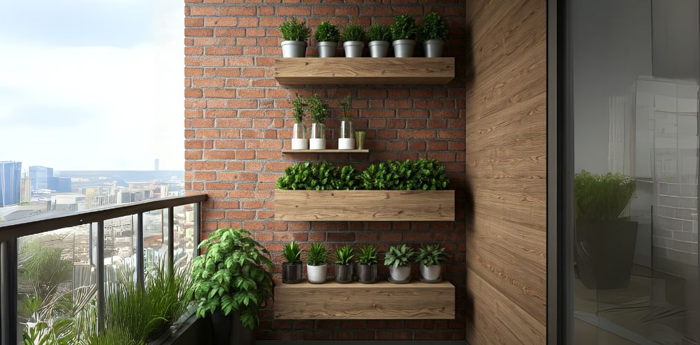 Balcony with wooden shelves and green plants - Beautiful Homes
